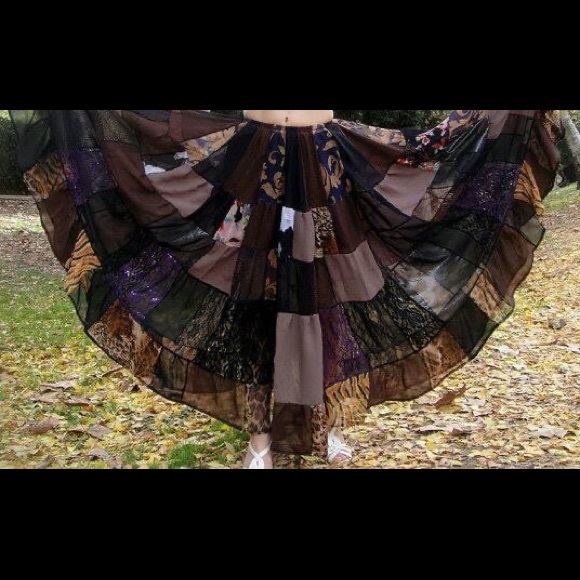 Brown Multicolor Patchwork Skirt, elastic waist. Size M New Ameynra design OOAK - Picture 2 of 4
